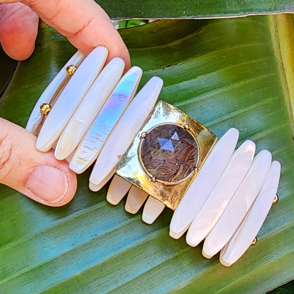 Natural Mother of Pearl Wide Stretch Bracelet Hypoallergenic Jewelry